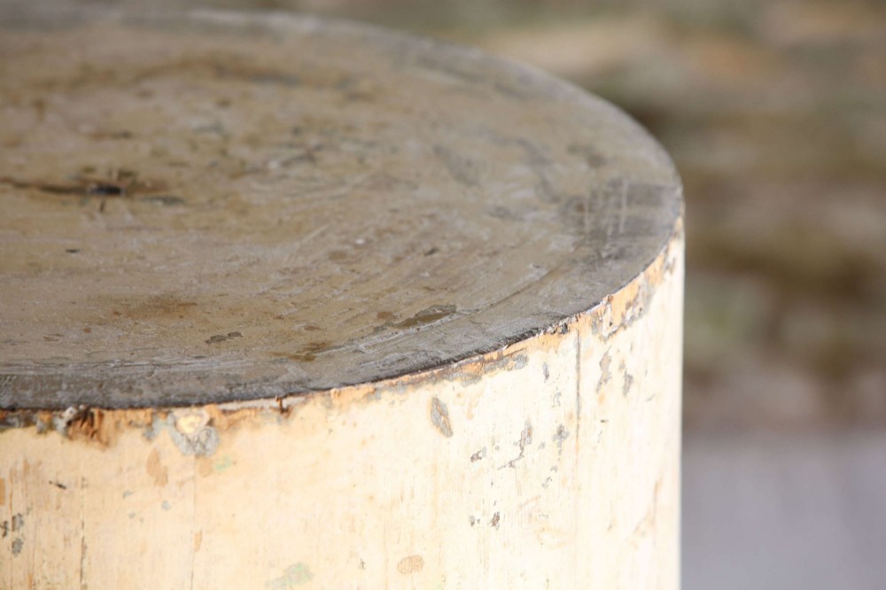 A cylindrical 18th-century Neoclassical painted pine column pedestal with a stepped moulded base and a weathered cream paint finish. View VIII