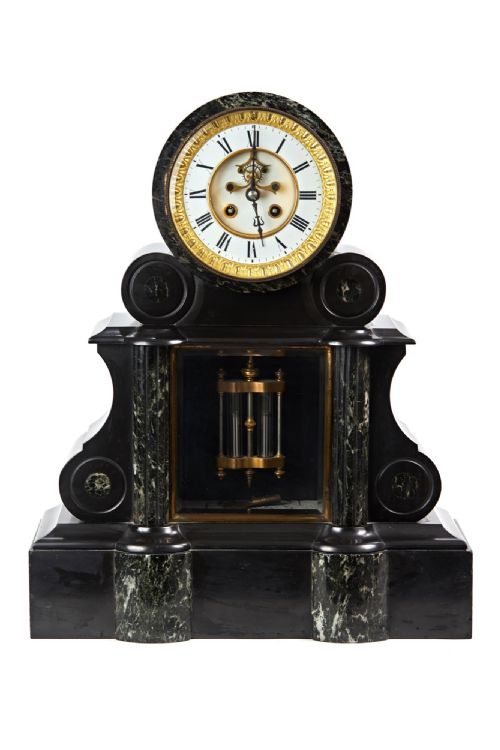 Large Fine Quality Victorian Black Slate & Marble Mantel Clock