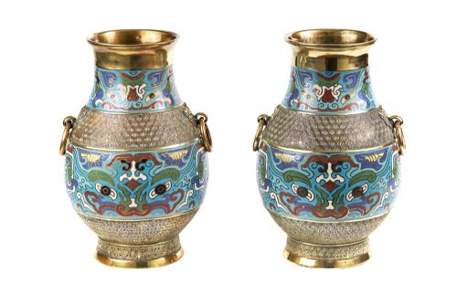 Fine Pair of Bronze Cloisonne Decorated Vases