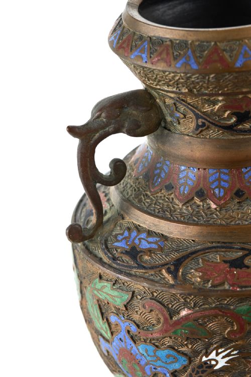 ANTIQUE CHINESE CHAMPLEV ENAMEL DECORATED BRONZE VASE - ADDITIONAL PHOTO 2