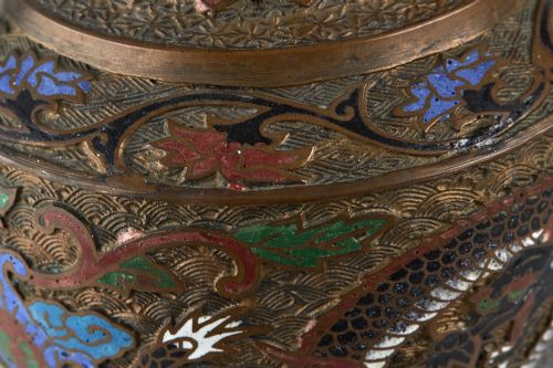 ANTIQUE CHINESE CHAMPLEV ENAMEL DECORATED BRONZE VASE - ADDITIONAL PHOTO 3