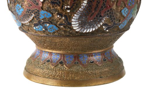 ANTIQUE CHINESE CHAMPLEV ENAMEL DECORATED BRONZE VASE - ADDITIONAL PHOTO 4