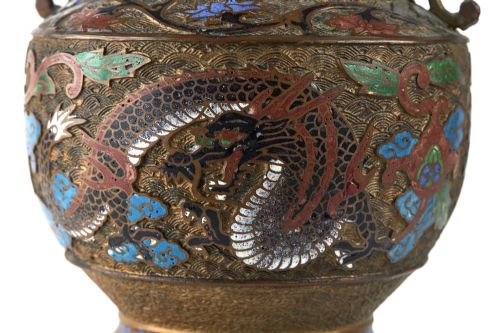 ANTIQUE CHINESE CHAMPLEV ENAMEL DECORATED BRONZE VASE - ADDITIONAL PHOTO 5