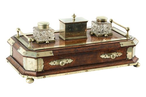 large victorian oak and silver plate desk stand - CATEGORY: ANTIQUE MISCELLANEOUS - DATED VICTORIAN