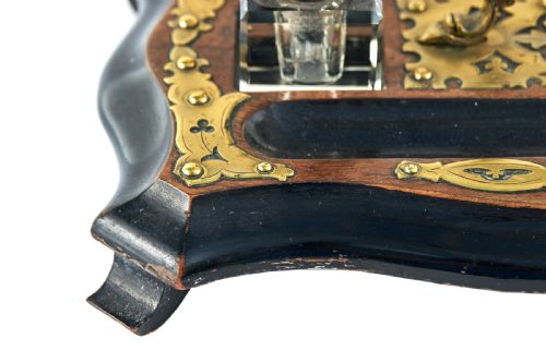 ANTIQUE VICTORIAN WALNUT AND EBONISED BRASS MOUNTED INKSTAND - ADDITIONAL PHOTO 1