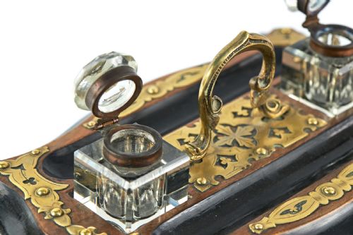 ANTIQUE VICTORIAN WALNUT AND EBONISED BRASS MOUNTED INKSTAND - ADDITIONAL PHOTO 2