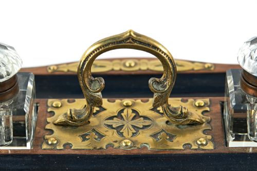 ANTIQUE VICTORIAN WALNUT AND EBONISED BRASS MOUNTED INKSTAND - ADDITIONAL PHOTO 4