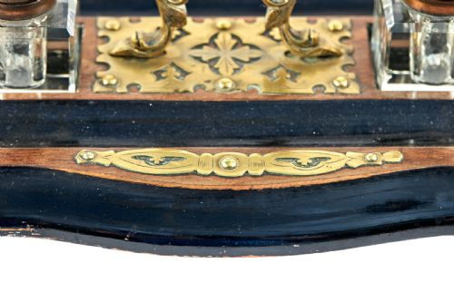 ANTIQUE VICTORIAN WALNUT AND EBONISED BRASS MOUNTED INKSTAND - ADDITIONAL PHOTO 5