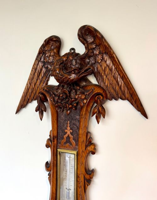 OUTSTANDING QUALITY ANTIQUE VICTORIAN CARVED OAK BAROMETER - ADDITIONAL PHOTO 2