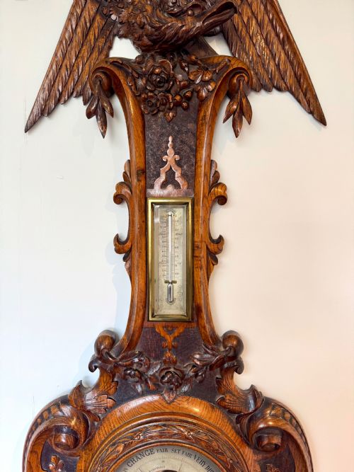 OUTSTANDING QUALITY ANTIQUE VICTORIAN CARVED OAK BAROMETER - ADDITIONAL PHOTO 5