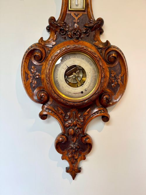 OUTSTANDING QUALITY ANTIQUE VICTORIAN CARVED OAK BAROMETER - ADDITIONAL PHOTO 6