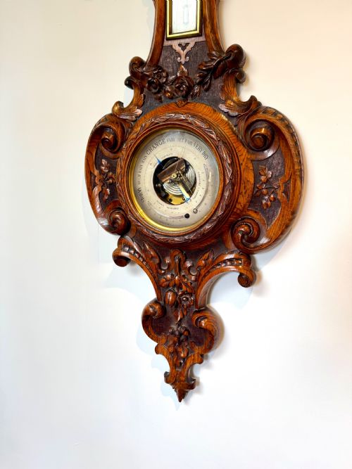 OUTSTANDING QUALITY ANTIQUE VICTORIAN CARVED OAK BAROMETER - ADDITIONAL PHOTO 7