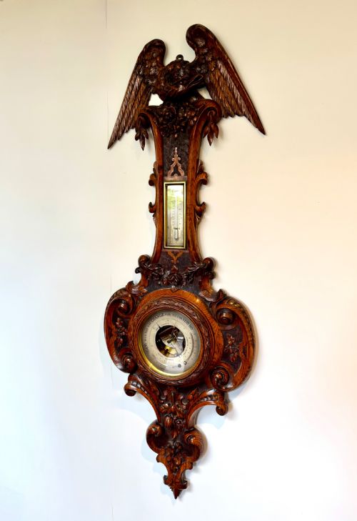 OUTSTANDING QUALITY ANTIQUE VICTORIAN CARVED OAK BAROMETER - ADDITIONAL PHOTO 8