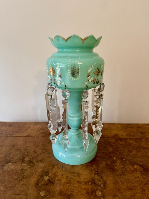 PRETTY QUALITY LARGE ANTIQUE VICTORIAN TURQUOISE GLASS LUSTRE - ADDITIONAL PHOTO 3