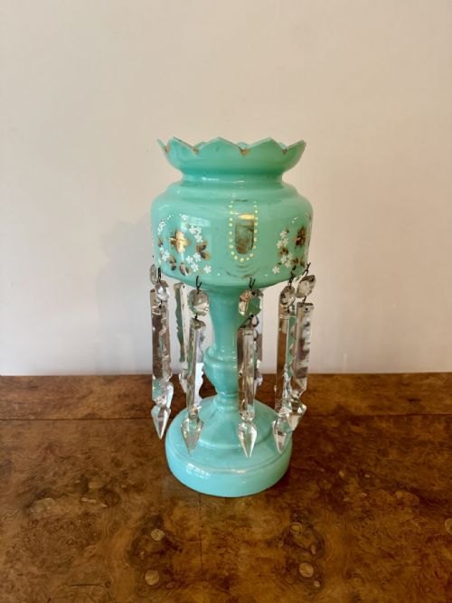 PRETTY QUALITY LARGE ANTIQUE VICTORIAN TURQUOISE GLASS LUSTRE - ADDITIONAL PHOTO 1