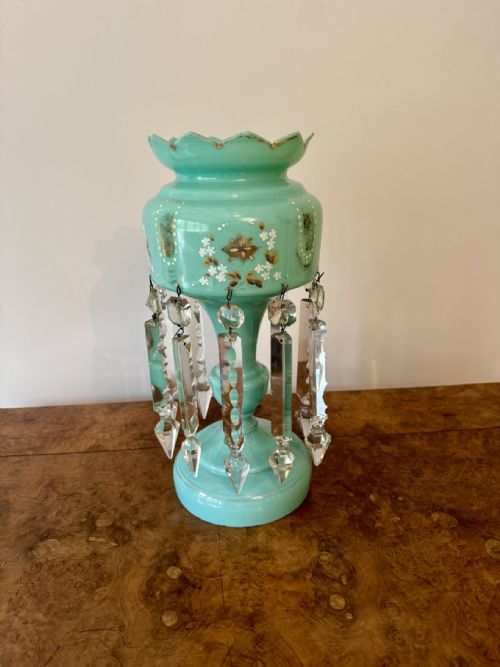 PRETTY QUALITY LARGE ANTIQUE VICTORIAN TURQUOISE GLASS LUSTRE - ADDITIONAL PHOTO 2