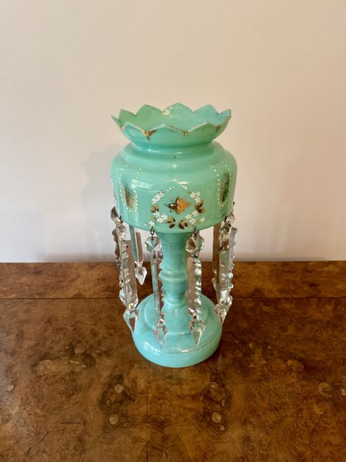 PRETTY QUALITY LARGE ANTIQUE VICTORIAN TURQUOISE GLASS LUSTRE - ADDITIONAL PHOTO 4