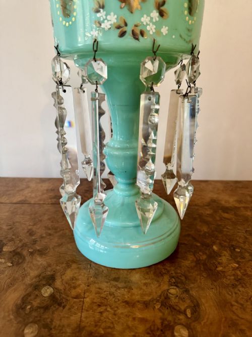 PRETTY QUALITY LARGE ANTIQUE VICTORIAN TURQUOISE GLASS LUSTRE - ADDITIONAL PHOTO 5