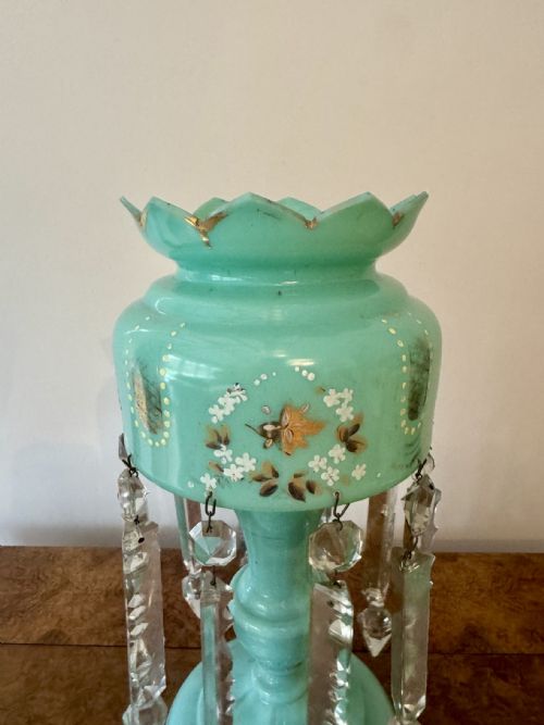 PRETTY QUALITY LARGE ANTIQUE VICTORIAN TURQUOISE GLASS LUSTRE - ADDITIONAL PHOTO 6