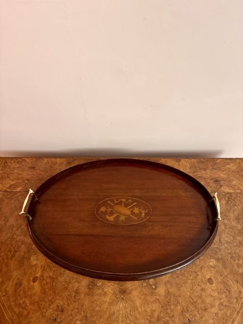 QUALITY ANTIQUE EDWARDIAN MAHOGANY INLAID OVAL TEA TRAY - ADDITIONAL PHOTO 2