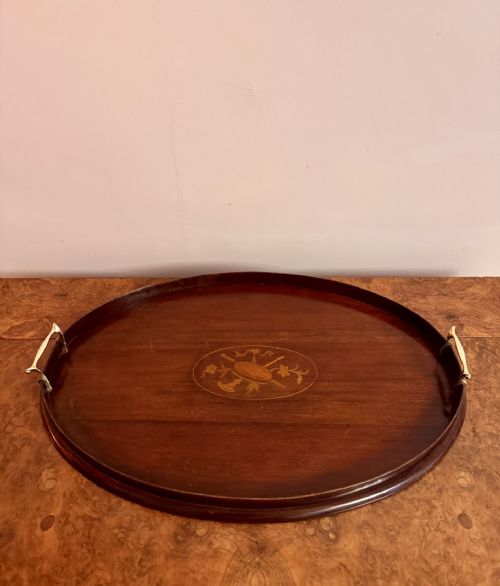 QUALITY ANTIQUE EDWARDIAN MAHOGANY INLAID OVAL TEA TRAY - ADDITIONAL PHOTO 3