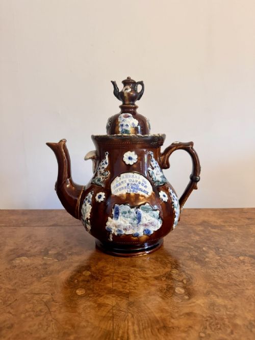 LARGE UNUSUAL ANTIQUE BARGEWARE TEA POT - ADDITIONAL PHOTO 3
