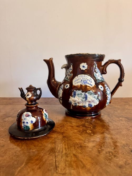 LARGE UNUSUAL ANTIQUE BARGEWARE TEA POT - ADDITIONAL PHOTO 4
