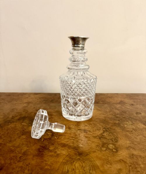QUALITY ANTIQUE EDWARDIAN SILVER COLLAR CUT GLASS DECANTER - ADDITIONAL PHOTO 3