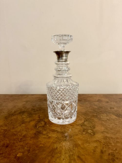 QUALITY ANTIQUE EDWARDIAN SILVER COLLAR CUT GLASS DECANTER
