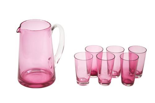 ANTIQUE CRANBERRY JUG WITH 6 ANTIQUE GLASSES