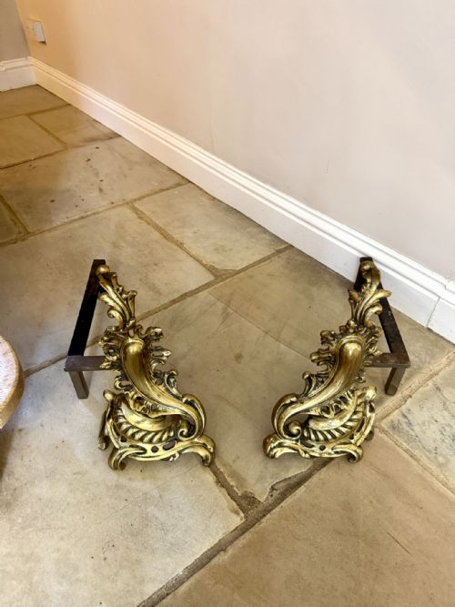 LARGE PAIR OF ANTIQUE FRENCH BRASS ROCOCO FIRE DOGS - ADDITIONAL PHOTO 2