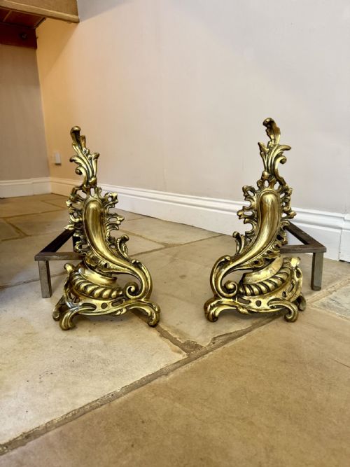 large pair of antique french brass rococo fire dogs - CATEGORY: ANTIQUE FIREPLACES - DATED 1900