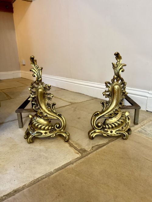 LARGE PAIR OF ANTIQUE FRENCH BRASS ROCOCO FIRE DOGS - ADDITIONAL PHOTO 4
