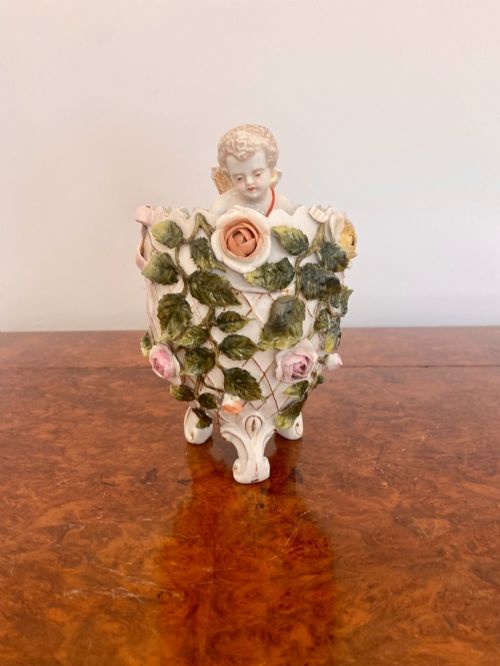 Antique Victorian Quality Continental Porcelain Cherub in a Vase