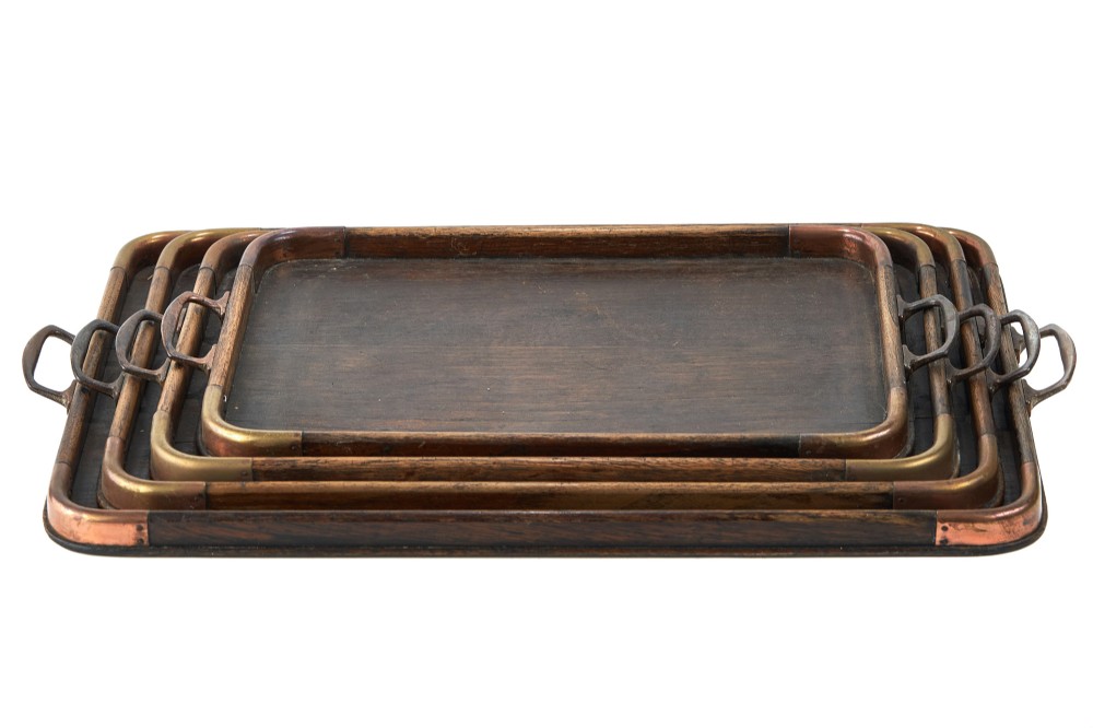 Unusual Set Of 4 Graduating Antique Arts & Crafts Trays