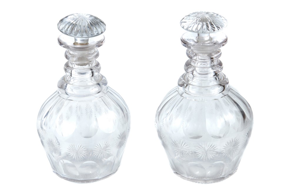 Fine Pair Of Georgian Glass 3 Ringed Decanters