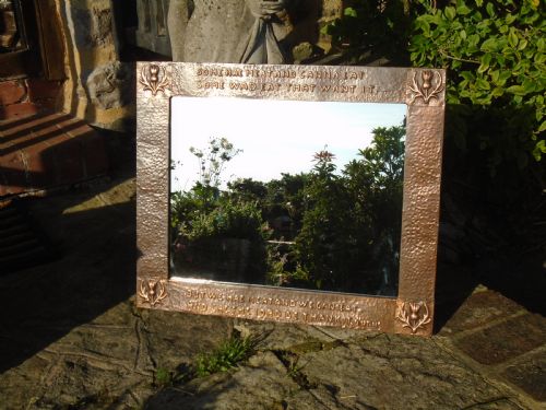 Arts & Crafts Scottish copper mirror with motto