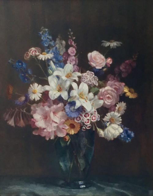 norah hcullen oil painting 'vase of flowers' - CATEGORY: ANTIQUE ART - DATED 1940