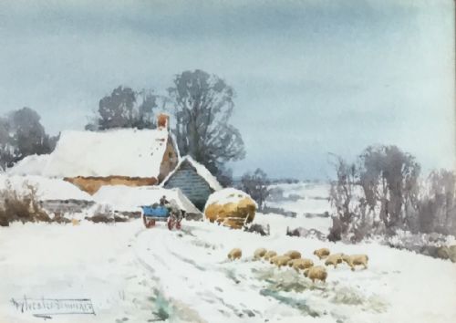 henry john sylvester stannard watercolour 'winter landscape with sheep' - CATEGORY: ANTIQUE ART - DATED 1920