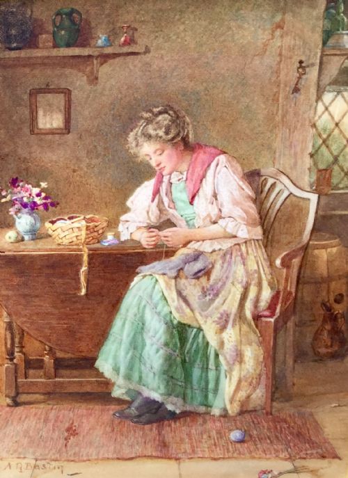 adbastin watercolour 'young lady darning' - CATEGORY: ANTIQUE ART - DATED 1890
