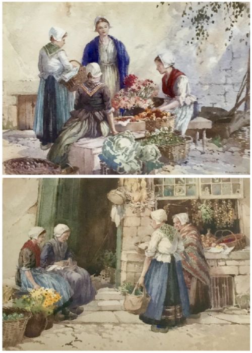 pair percy lancaster watercolours 'continental market scenes ' - CATEGORY: ANTIQUE ART - DATED 1920