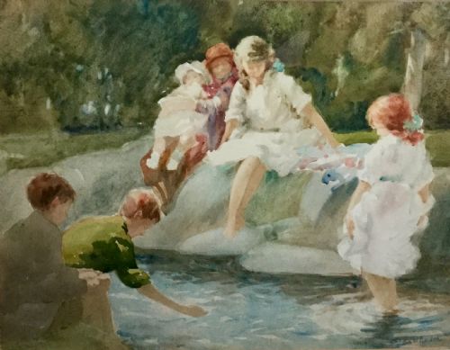 charles wiliam norton watercolour children playing at the stream - CATEGORY: ANTIQUE ART - DATED 1920