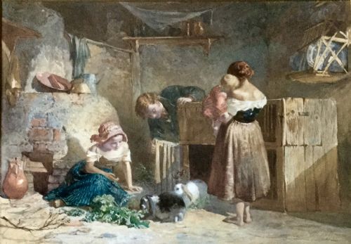 walter goodall watercolour feeding the rabbits - CATEGORY: ANTIQUE ART - DATED 1880
