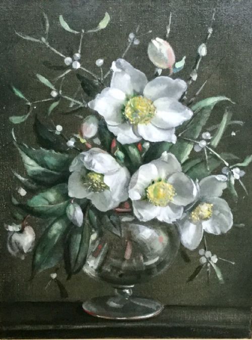 terence loudon oil painting christmas roses - CATEGORY: ANTIQUE ART - DATED 1940