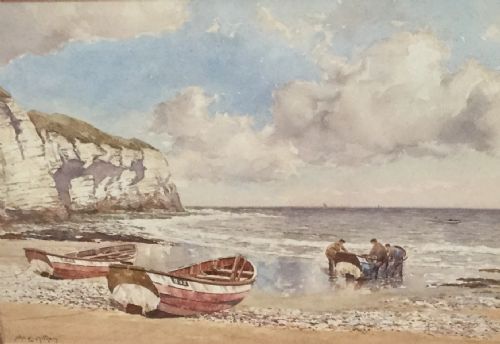 john ernest aitken watercolour hauling in the boat - CATEGORY: ANTIQUE ART - DATED 1920