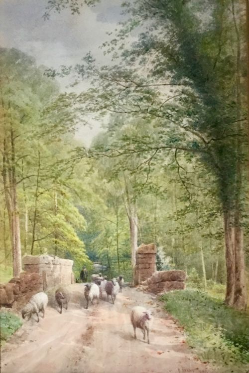 peace sykes watercolour a farmer and his flock crossing a woodland bridge - CATEGORY: ANTIQUE ART - DATED 1890