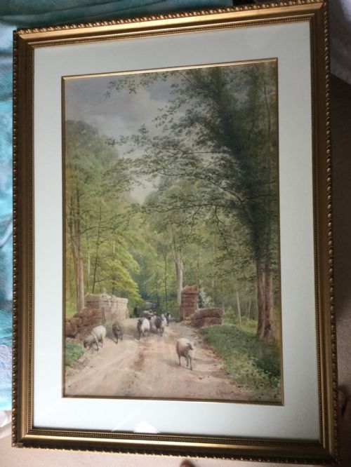 PEACE SYKES WATERCOLOUR A FARMER AND HIS FLOCK CROSSING A WOODLAND BRIDGE - ADDITIONAL PHOTO 1