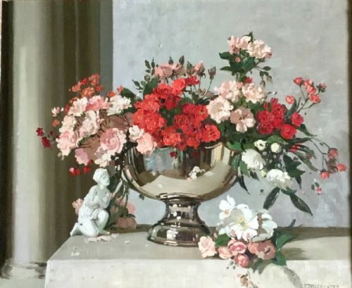 herbert davis richter oil painting the shimmer of silver polyanthus roses - CATEGORY: ANTIQUE ART - DATED 1930