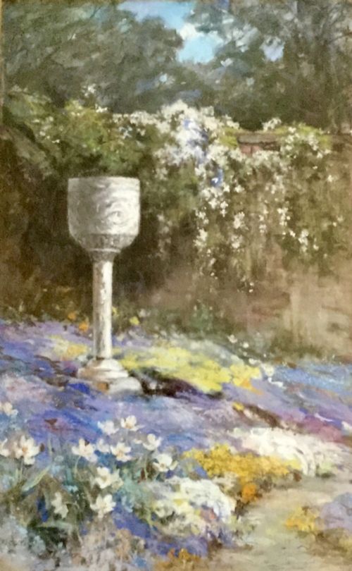 mary gwwilson pastel walled garden scene - CATEGORY: ANTIQUE ART - DATED 1920