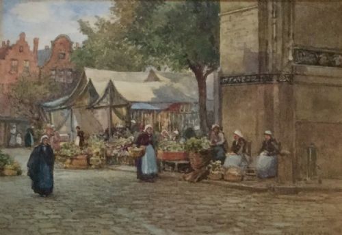 jwmilliken watercolour continental market scene - CATEGORY: ANTIQUE ART - DATED 1900